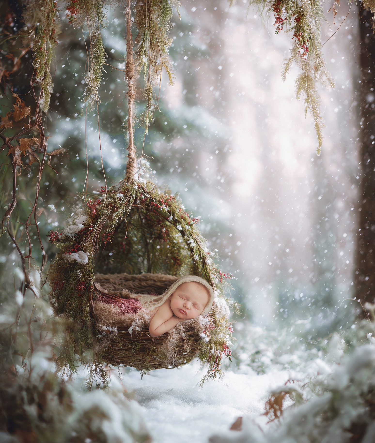 Professional Newborn Photographer captures baby in basket in snow